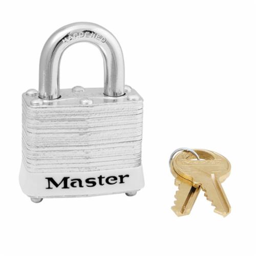 Master Lock® 3WHT Safety Padlock, Different Key, Reinforced Laminated Steel Body, 9/32 in Dia Shackle, White Bumper, 4-Pin Tumbler Cylindrical Locking Mechanism