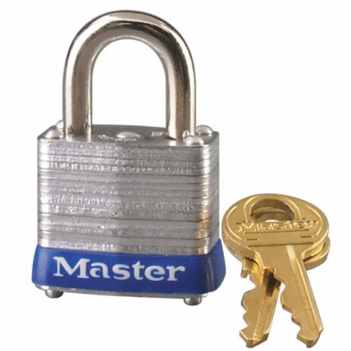 Master Lock® 7 Non-Rekeyable Safety Padlock, Different Key, Laminated Steel Body, 3/16 in Dia Shackle, 4-Pin Cylindrical Locking Mechanism