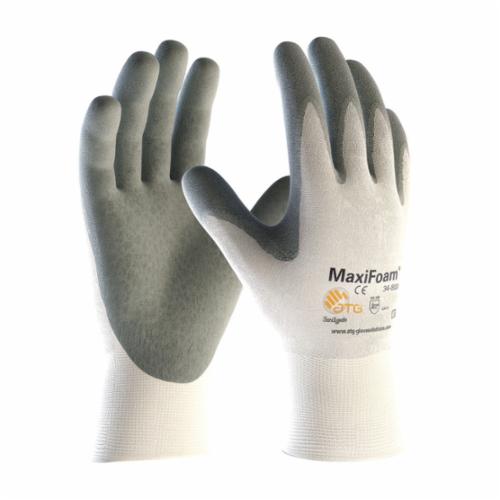 ATG® MaxiFoam® 34-800 Premium General Purpose Gloves, Coated, Microfoam Nitrile Palm, 15 ga Nylon, Gray/White, Continuous Knit Wrist Cuff, Microfoam Nitrile Coating, Resists: Abrasion, Cut, Puncture and Tear, Nylon Lining, Seamless Knit