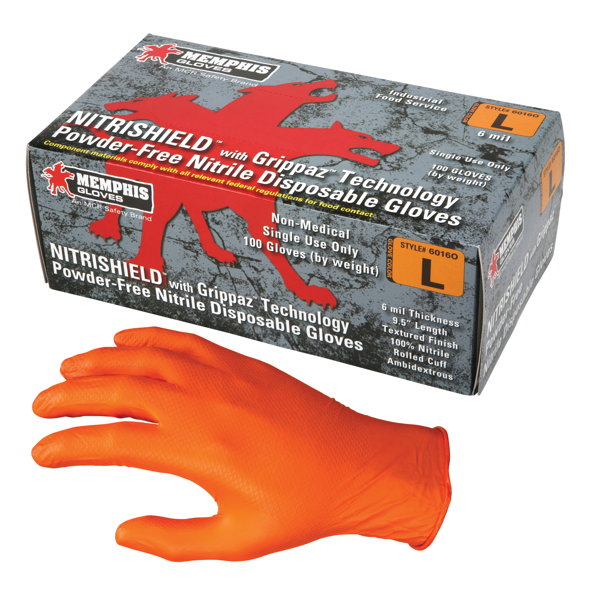 MCR Safety 6016OXXL Nitrishield® 6016O Non-Sterile Disposable Gloves With Grippaz™ Technology, 2XL, Nitrile, Orange, 9-1/2 in L, Powder-Free, Texture, 6 mil THK, Application Type: Industrial Grade/Single Use, Right/Left Hand