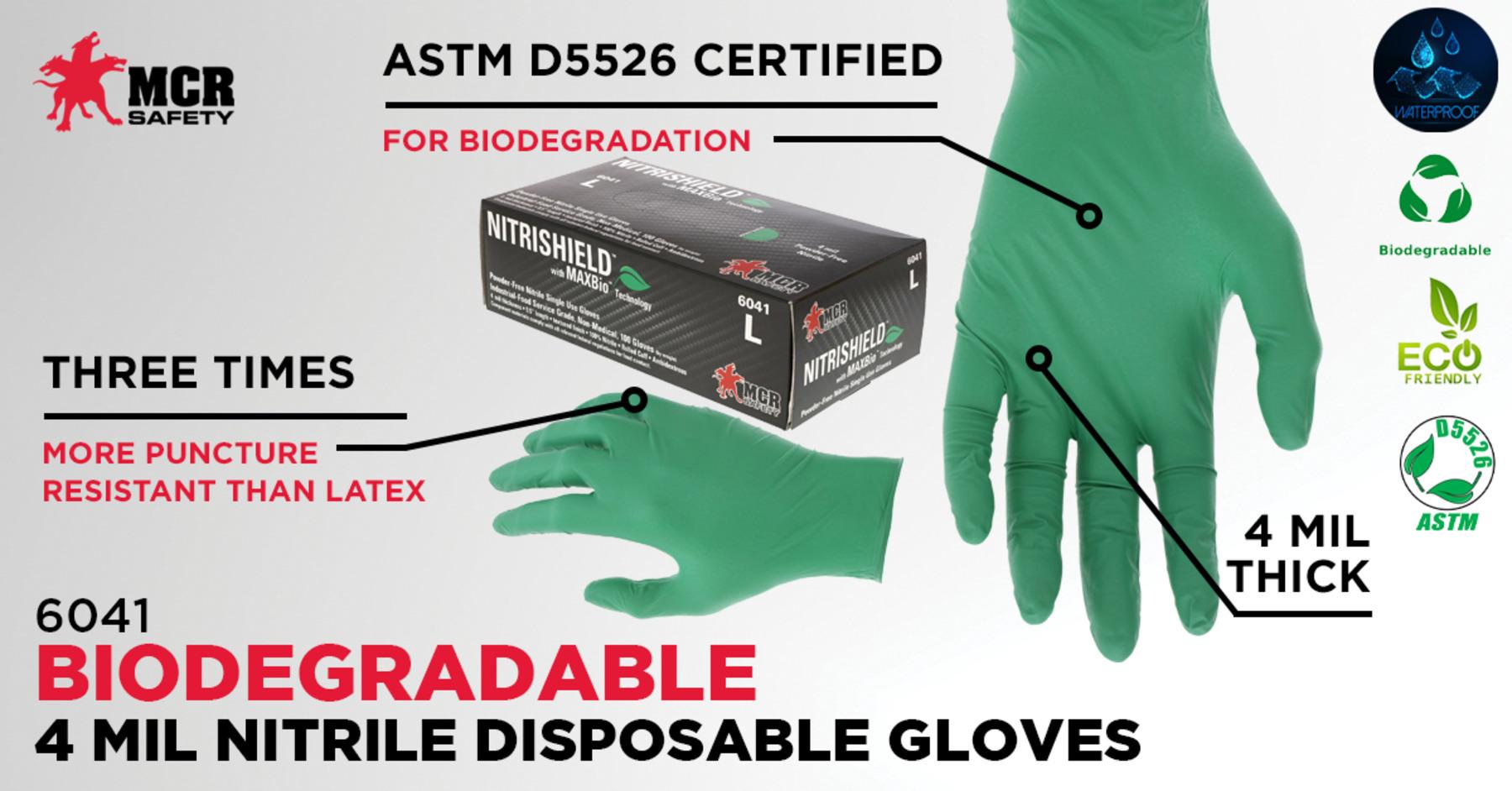 MCR Safety 6041L NitriShield™ Industrial Grade Disposable Gloves, L, Nitrile, Green, Unlined Lining, 9-1/2 in L, Resists: Chemical, Rolled Cuff, 4 mil THK
