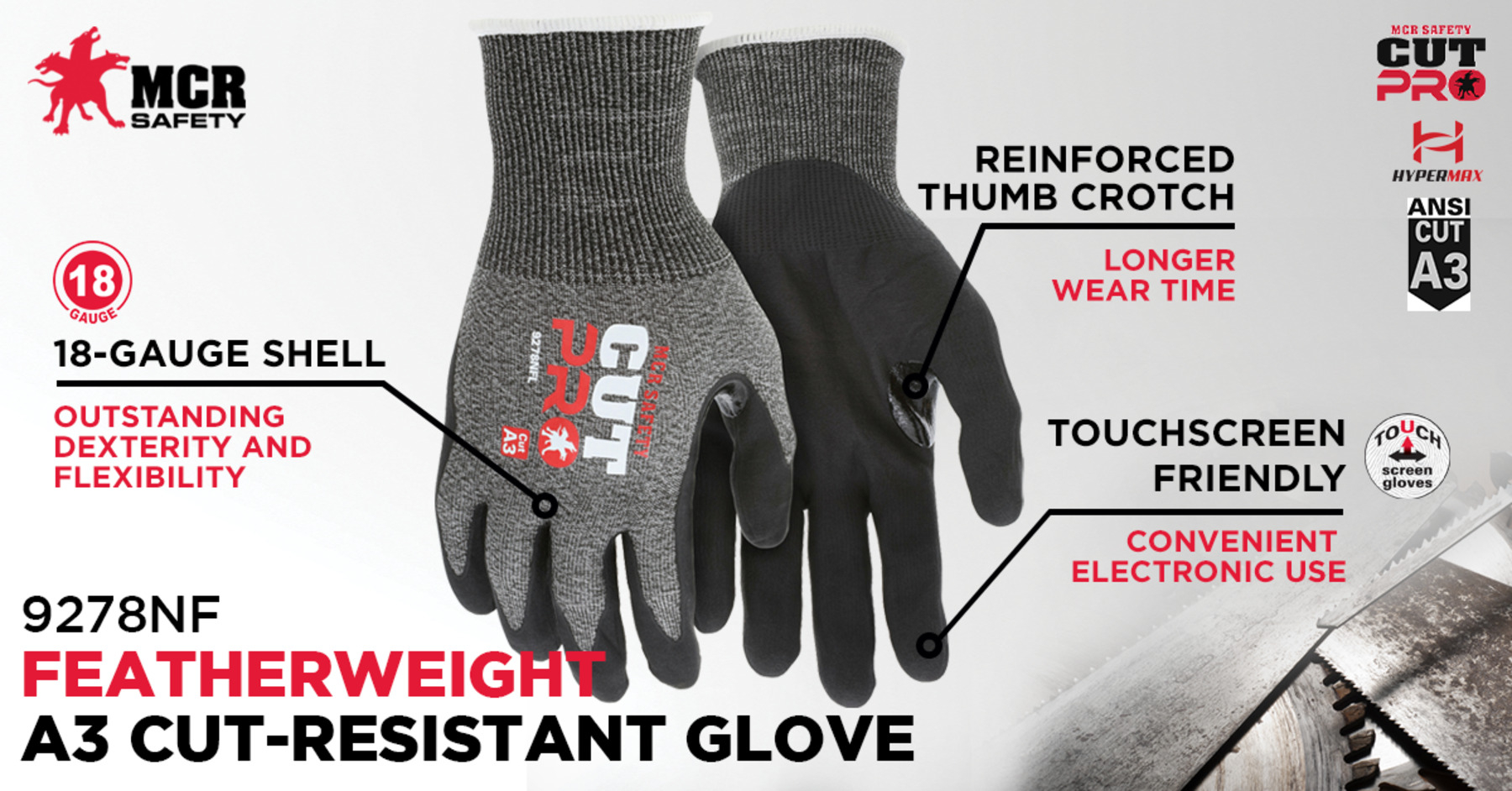 MCR Safety 9278NFXL Cut Pro™ Cut-Resistant Gloves, XL, Nitrile Foam Coating, HyperMax™, Knit Wrist Cuff, Resists: Abrasion, Cut and Puncture, ANSI Cut-Resistance Level: A3, ANSI Puncture-Resistance Level: 4