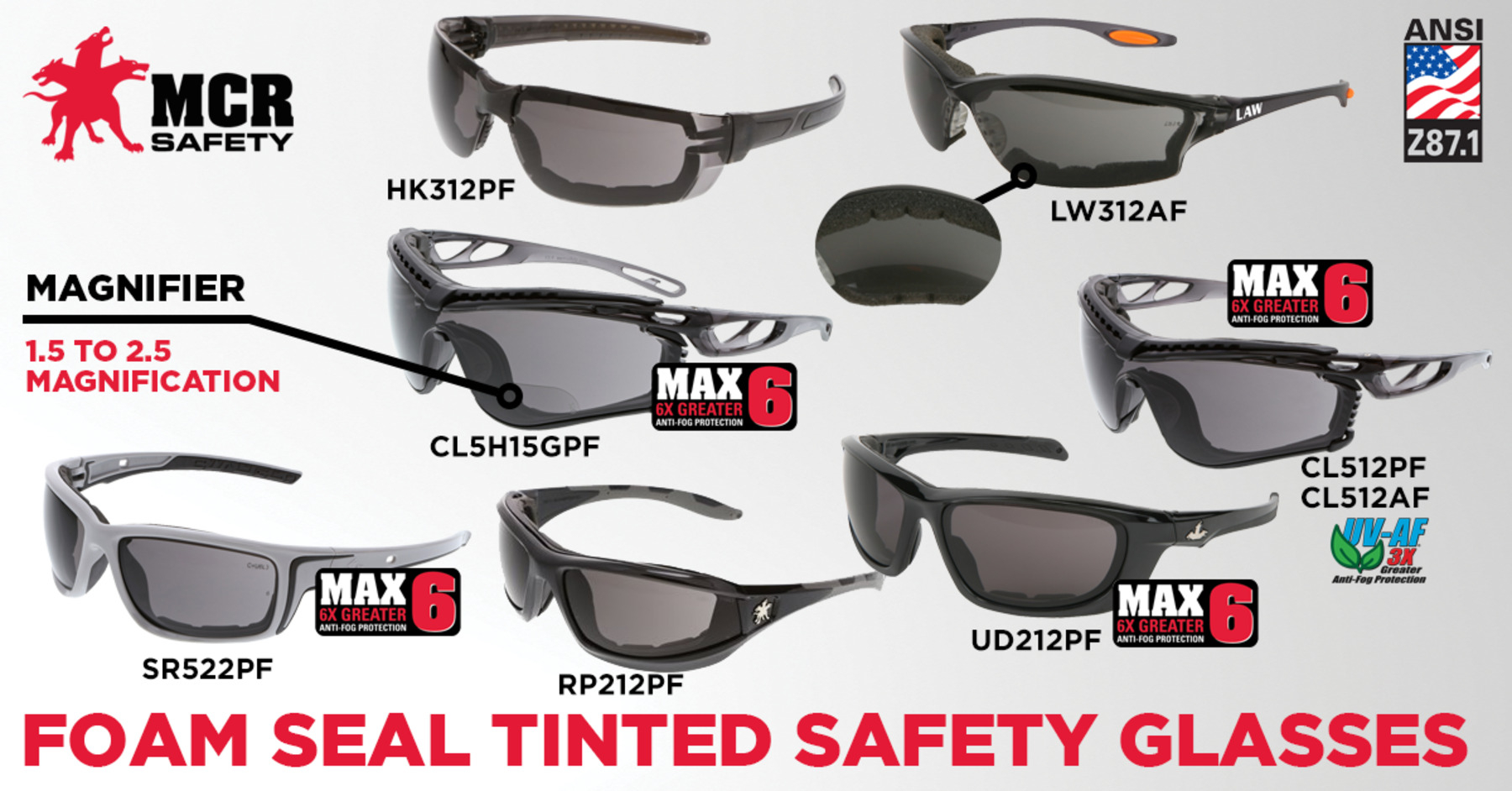 MCR Safety SR522PF Swagger® SR5 Dual Lens Safety Glasses, MAX6 Anti-Fog, Polycarbonate/Foam Lined Frame, ANSI Z87+