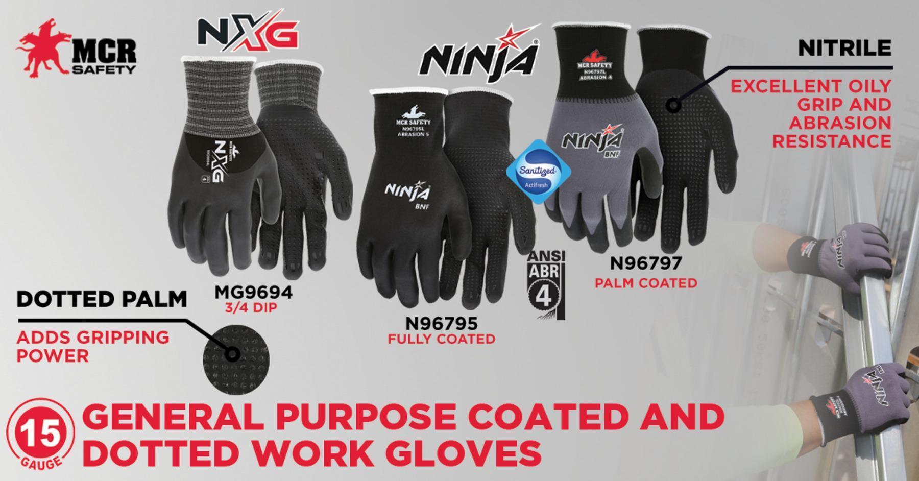 MCR Safety N96797L Ninja® N96797 Dipped General Purpose Gloves, Coated, Standard Finger/Wing Thumb Style, L, Nitrile Foam Palm, 15 ga Nylon/Spandex®, Black/Gray, Knit Wrist Cuff, Nitrile Foam Coating, Resists: Abrasion, Cut, Puncture and Tear, Unlined Lining