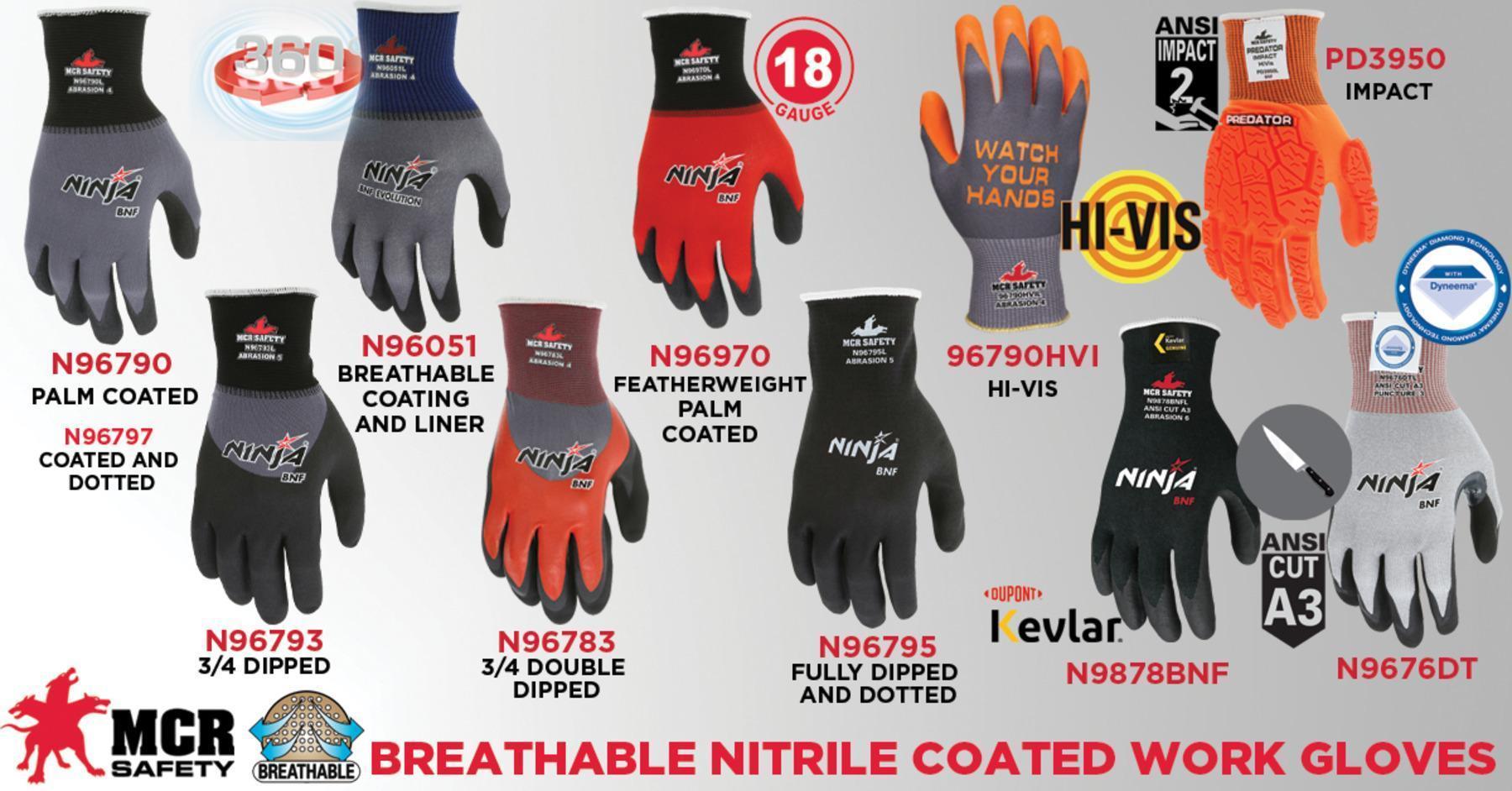 MCR Safety N96797L Ninja® N96797 Dipped General Purpose Gloves, Coated, Standard Finger/Wing Thumb Style, L, Nitrile Foam Palm, 15 ga Nylon/Spandex®, Black/Gray, Knit Wrist Cuff, Nitrile Foam Coating, Resists: Abrasion, Cut, Puncture and Tear, Unlined Lining
