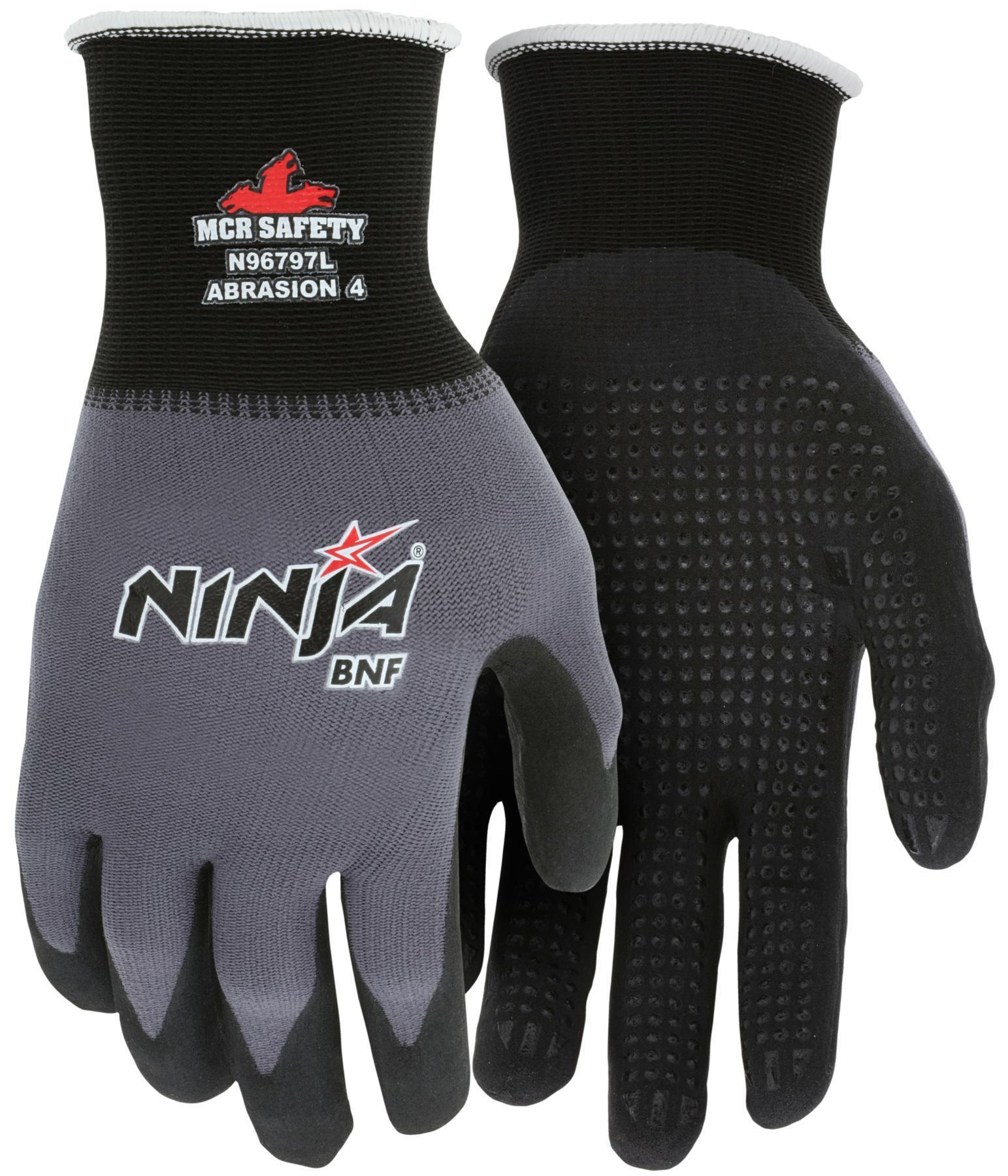 MCR Safety N96797L Ninja® N96797 Dipped General Purpose Gloves, Coated, Standard Finger/Wing Thumb Style, L, Nitrile Foam Palm, 15 ga Nylon/Spandex®, Black/Gray, Knit Wrist Cuff, Nitrile Foam Coating, Resists: Abrasion, Cut, Puncture and Tear, Unlined Lining