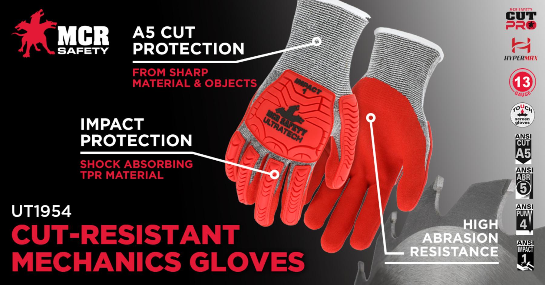 MCR Safety UT1954S UltraTech™ Stitched Mechanics Gloves, S, Sandy Nitrile Foam Coating, HyperMax™/TPR, Knit Wrist Cuff, Resists: Abrasion, Cut, Impact, Liquid, Oil and Puncture, ANSI Cut-Resistance Level: A5, ANSI Puncture-Resistance Level: 4