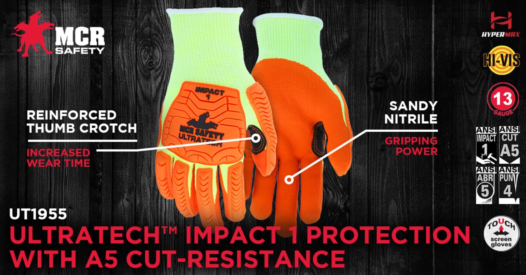 MCR Safety UT1955XXL UltraTech™ Stitched Mechanics Gloves, 2XL, Sandy Nitrile Foam Coating, HyperMax™/TPR, Knit Wrist Cuff, Resists: Abrasion, Cut, Impact, Liquid, Oil and Puncture, ANSI Cut-Resistance Level: A5, ANSI Puncture-Resistance Level: 4