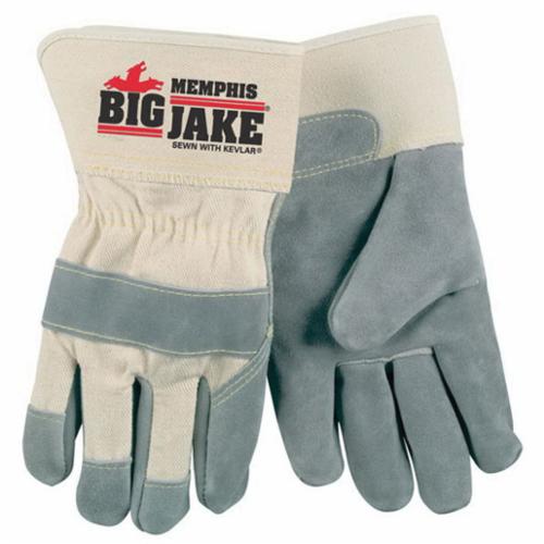 MCR Safety 1700 Big Jake® Heavy Duty Premium Grade General Purpose Gloves, Leather Palm, Cowhide Leather Palm, Leather, Gray/White Fabric/Blue Logo, Safety Cuff, Resists: Abrasion, Cut, Heat, Puncture, Tear and Wear, Fleece Lining