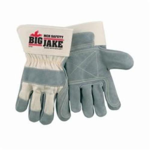 MCR Safety 1711 Big Jake® Premium Grade General Purpose Gloves, Leather Palm, Gunn Pattern/Standard Finger/Wing Thumb Style, XL, Cowhide Leather Palm, Cowhide Leather, Gray/White, Rubberized Safety Cuff, Uncoated Coating, Fleece Lining