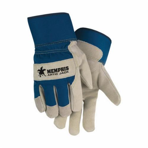 MCR Safety 1955 Artic Jack® Premium Grade General Purpose Gloves, Leather Palm, Split Pigskin Leather Palm, Cotton Threadeather/Polyester, Beige/Blue Fabric, Safety Cuff, Thermosock® Lining, Gunn Cut/Standard Finger/Wing Thumb