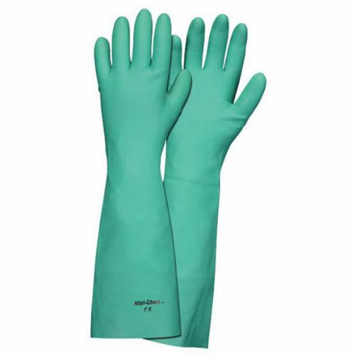 MCR Safety 5350 Nitri-Chem™ Industrial Grade Chemical Resistant Gloves With Black Logo, Nitrile, Green, Unlined Lining, 18 in L, Resists: Chemical, Puncture and Tear, Unsupported Support, Gauntlet/Straight Cuff, 22 mil THK, Pair Hand