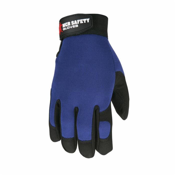 MCR Safety 900 FasGuard™ Premium Grade General Purpose Gloves, Leather Palmulti-Task, Clarino® Synthetic Leather Palm, Cotton/Polyester/Spandex® Foam, Black/Blue Fabric/Red Logo, Elastic Wrist Cuff, Uncoated Coating, Resists: Solvent, Unlined Lining