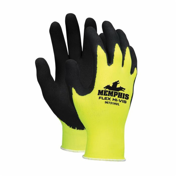 MCR Safety 96731HVS HV Flex® 96731 Dipped General Purpose Gloves, Coated/Multi-Purpose, Seamless/Standard Finger Style, S, Foam Latex Palm, 13 ga Nylon, Black/Hi-Viz Yellow, Knit Wrist Cuff, Foam Latex Coating, Resists: Abrasion, Cut, Puncture and Tear