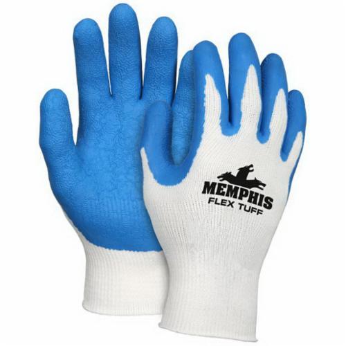 MCR Safety 9680 FlexTuff® Flat Dipped General Purpose Gloves, Coated, Latex Rubber Palm, 10 ga Cotton/Polyester, Blue/White, Knit Wrist Cuff, Latex Rubber Coating, Resists: Abrasion, Cut, Puncture and Tear, Cotton/Polyester Lining