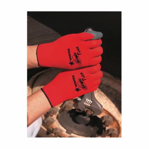 Memphis N9680 Ninja® Flex N9680 Dipped General Purpose Gloves, Coated, Standard Finger/Wing Thumb Style, Latex Rubber Palm, 15 ga Nylon, Gray/Red, Knit Wrist Cuff, Latex Rubber Coating, Resists: Abrasion, Cut, Puncture and Tear, Unlined Lining