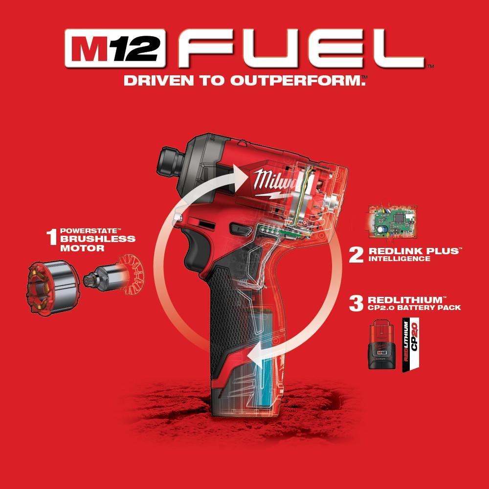 Milwaukee® M12 FUEL™ SURGE™ 2551-22 Cordless Hydraulic Driver Kit, 1/4 in Hex Drive, 3400 bpm, 450 in-lb Torque, 12 V, 5.2 in OAL