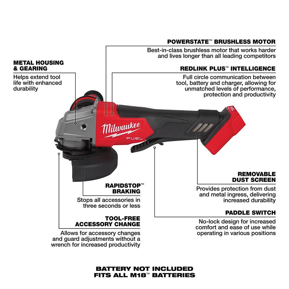 Milwaukee® 2880-20 M18™ FUEL™ Cordless Angle Grinder, 5 in Dia Wheel, 5/8-11 UNC Arbor/Shank, 18 V, Li-Ion Battery, Paddle Switch