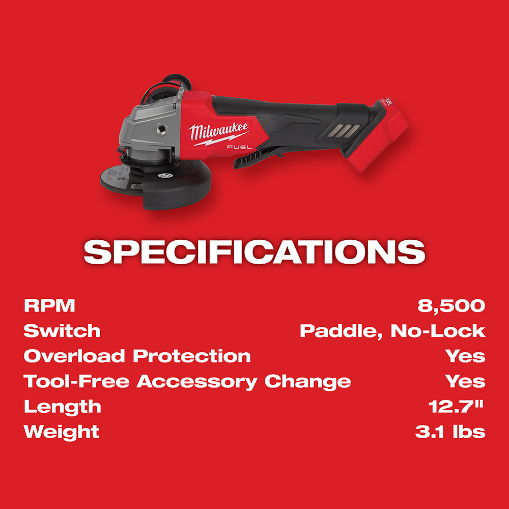 Milwaukee® 2880-20 M18™ FUEL™ Cordless Angle Grinder, 5 in Dia Wheel, 5/8-11 UNC Arbor/Shank, 18 V, Li-Ion Battery, Paddle Switch