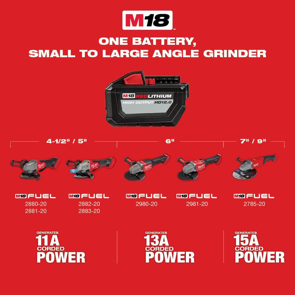 Milwaukee® M18™ FUEL™ 2889-20 Angle Cordless Variable Speed Braking Grinder, 5 in Dia Wheel, 5/8-11 UNC Arbor/Shank, 18 V, Li-Ion Battery, Sliding Switch
