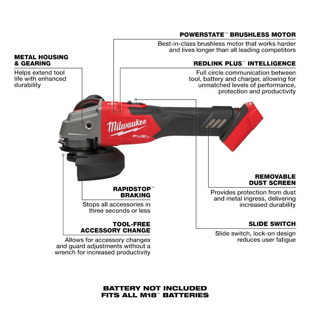 Milwaukee® M18™ FUEL™ 2889-20 Angle Cordless Variable Speed Braking Grinder, 5 in Dia Wheel, 5/8-11 UNC Arbor/Shank, 18 V, Li-Ion Battery, Sliding Switch
