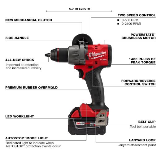 Milwaukee® 2903-22 Compact Brushless Drill, 1/2 in Chuck, 18 V, 2100 rpm No-Load, Li-Ion Battery