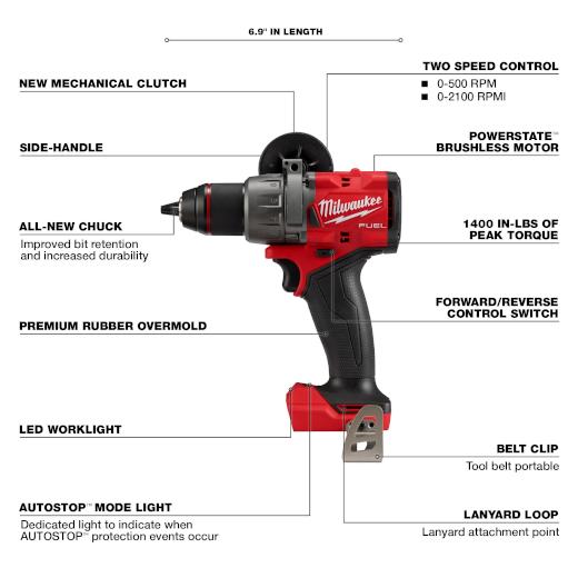 Milwaukee® 2904-20 M18 Brushless Compact Hammer Drill, 1/2 in Metal Ratcheting Chuck, 18 V, 2100 rpm No-Load, Li-Ion Battery