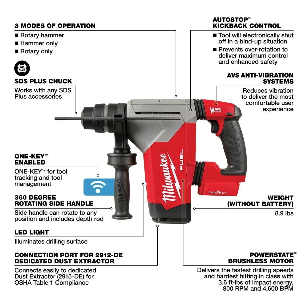 Milwaukee® 2915-20 M18™ FUEL™ Cordless Rotary Hammer With ONE-KEY™, 1-1/8 in Keyless/SDS Plus® Chuck, 18 V, 800 rpm No-Load, Li-Ion Battery