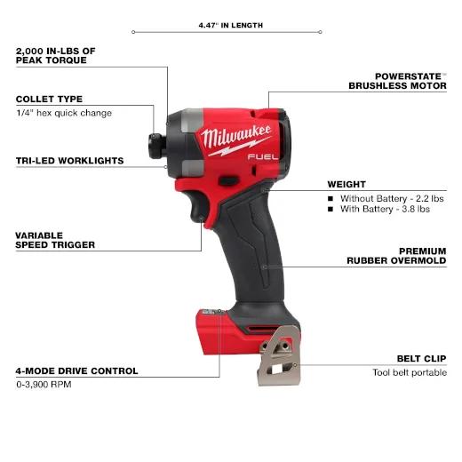 Milwaukee® 2953-20 M18 Brushless Compact Impact Driver, 1/4 in Drive Hex Drive, 2000 in-lb Torque Rating