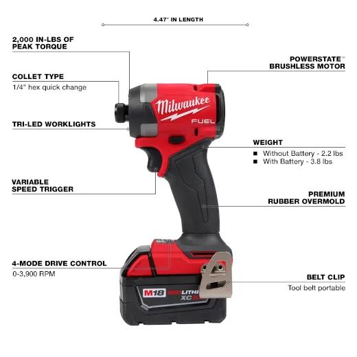 Milwaukee® 2953-22 M18 Brushless Compact Impact Driver, 1/4 in Drive Hex Drive, 0 to 4300 ipm, 2000 in-lb Torque Rating, 18 V