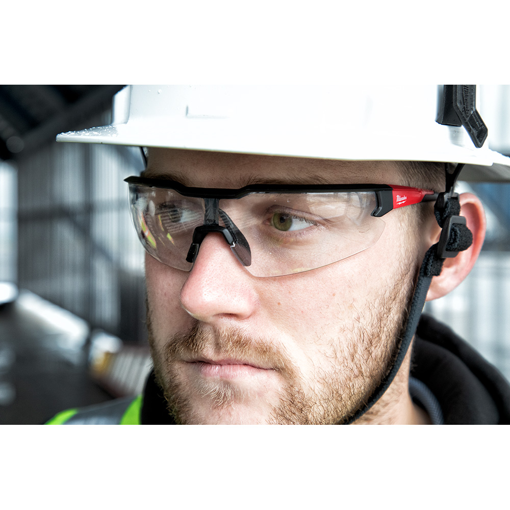 Milwaukee® 48-73-2011 Safety Glasses, Anti-Scratch, Clear Lens, Black/Red, Plastic Frame, Polycarbonate Lens, ANSI Z87.1/CSA Z94.3