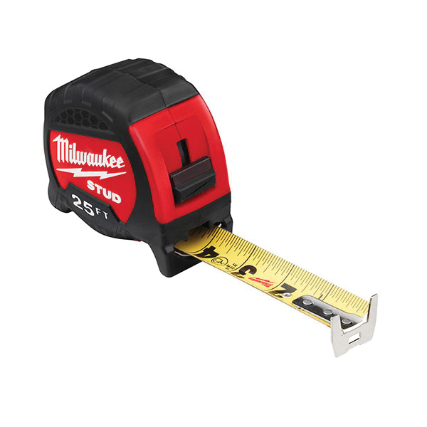 Milwaukee® STUD™ 48-22-9725 Measuring Tape With Belt Clip, 25 ft L x 1-5/16 in W Blade, Steel Blade, 1/16 in, 1/8 in, 1/4 in, 1/2 in, 1 ft Graduation