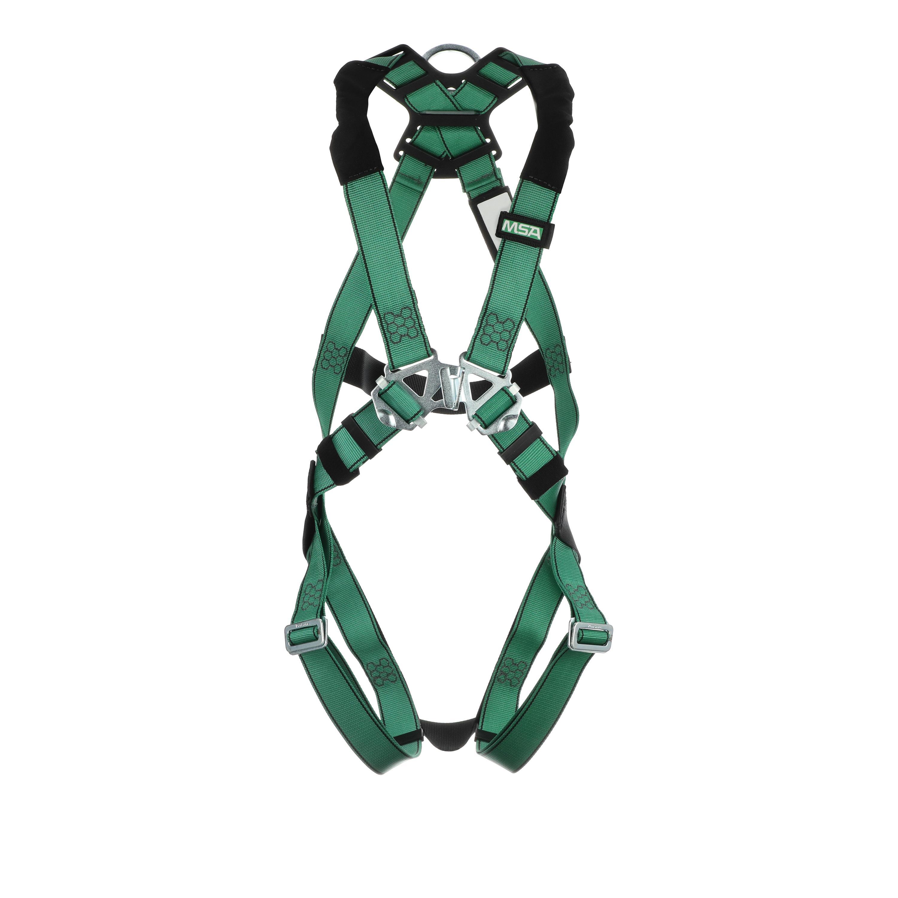 MSA V-FORM 10197196 Full Body Standard Safety Harness, Standard, 130 to 310 lb, 400 lb Load, Polyester Strap, Qwik-Fit Leg Strap Buckle, Quick-Connect Chest Strap Buckle, Stainless Steel/Steel Hardware, Green
