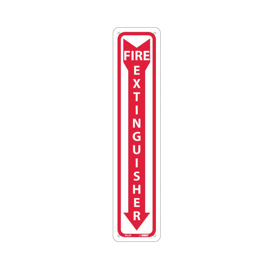 NMC™ M23R Fire Extinguisher Sign, 18 in H x 4 in W, Red/White, Rigid Plastic, Surface Mount