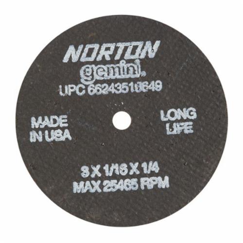 Norton® Gemini® 66243510649 Long Life Small Diameter Cut-Off Wheel, 3 in Dia x 1/16 in THK, 1/4 in Center Hole, 36 Grit, Aluminum Oxide Abrasive