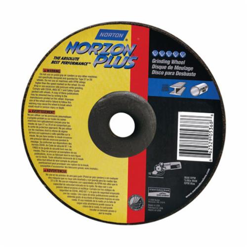 Norton® NorZon® Plus® 66252843324 Depressed Center Wheel, 4-1/2 in Dia x 1/8 in THK, 7/8 in Center Hole, 24 Grit, Ceramic/Zirconia Alumina Abrasive