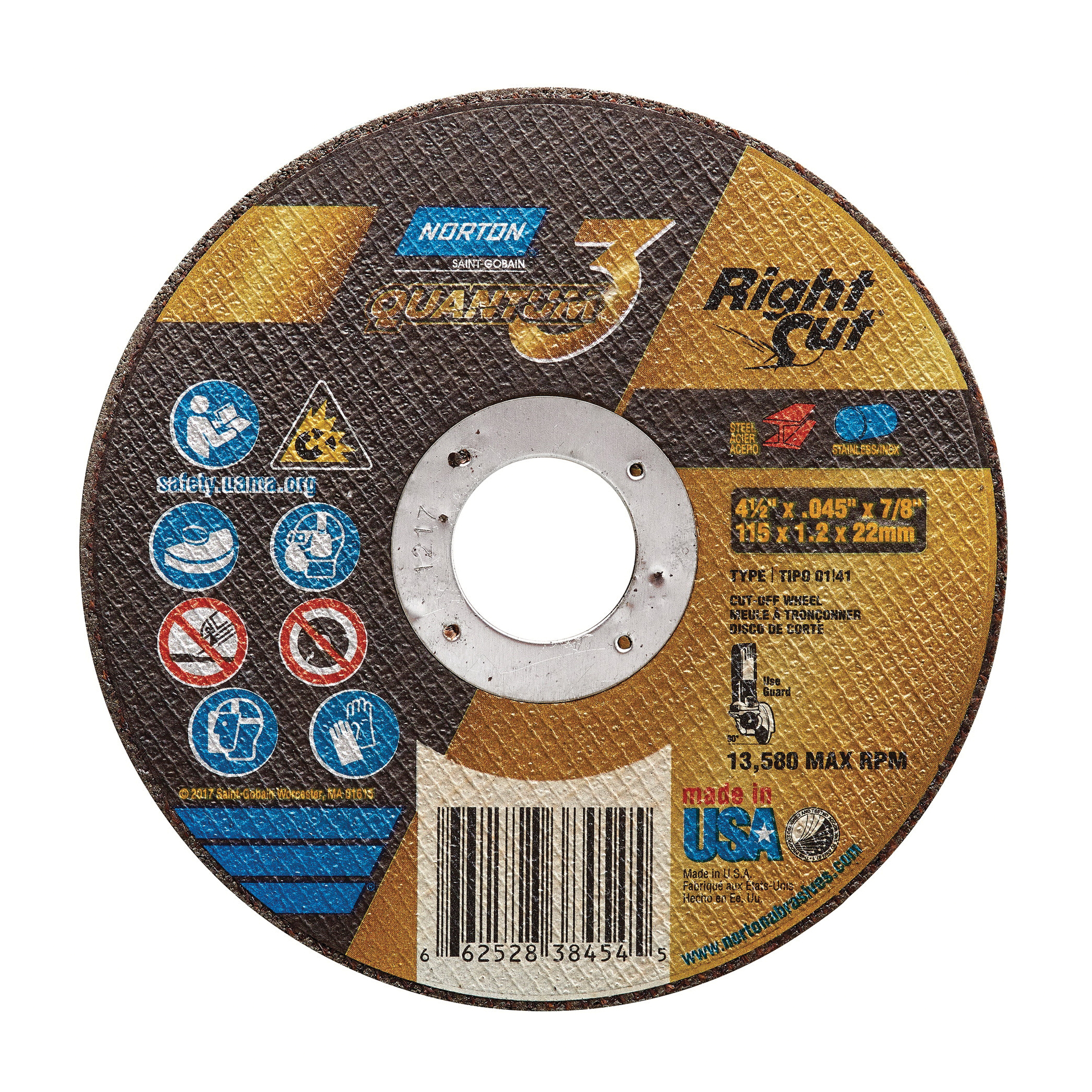 Norton® Quantum™3 RightCut® 66252838454 Small Diameter Cut-Off Wheel, 4-1/2 in Dia x 0.045 in THK, 7/8 in Center Hole, 36 Grit, Ceramic Alumina Abrasive