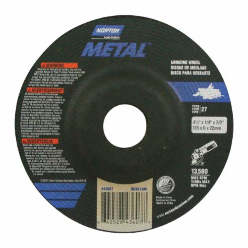 Norton® 66252843607 Depressed Center Wheel, 4-1/2 in Dia x 1/4 in THK, 7/8 in Center Hole, 24 Grit, Aluminum Oxide Abrasive