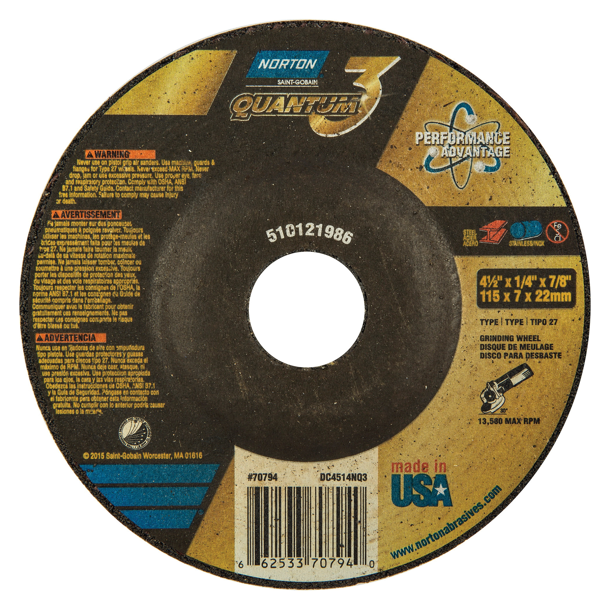 Norton® Quantum™3 66253370794 SG Series Depressed Center Wheel, 4-1/2 in Dia x 1/4 in THK, 7/8 in Center Hole, 20 Grit, Ceramic Alumina Abrasive