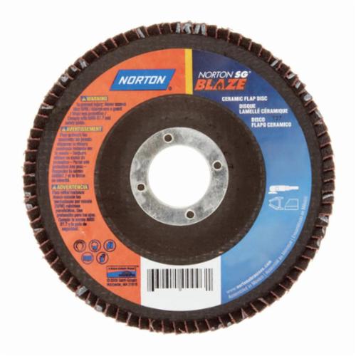 Norton® Blaze® 66261100003 R980 Standard Density Coated Abrasive Flap Disc, 4-1/2 in Dia, 7/8 in Center Hole, 60 Grit, Coarse Grade, Ceramic Alumina Abrasive, Type 27 Flat Disc