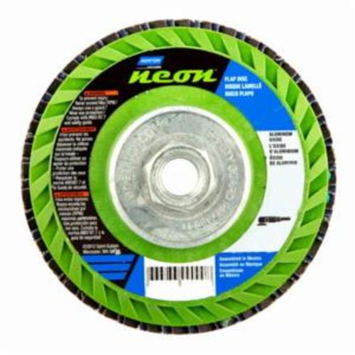 Norton® Neon® 66623399003 R766 Arbor Thread Quick-Trim Standard Density Coated Abrasive Flap Disc, 4-1/2 in Dia, P120 Grit, Medium Grade, Aluminum Oxide/Zirconia Alumina Abrasive, Type 27 Flat Disc