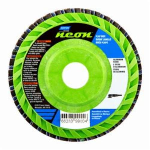 Norton® Neon® 66623399007 R766 Center Mount Quick-Trim Standard Density Coated Abrasive Flap Disc, 4-1/2 in Dia, 7/8 in Center Hole, P120 Grit, Medium Grade, Aluminum Oxide/Zirconia Alumina Abrasive, Type 27 Flat Disc