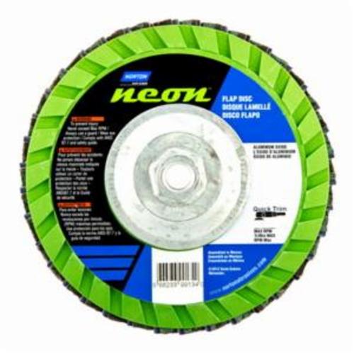 Norton® Neon® 66623399017 R766 Arbor Thread Quick-Trim Standard Density Coated Abrasive Flap Disc, 7 in Dia, P60 Grit, Coarse Grade, Aluminum Oxide/Zirconia Alumina Abrasive, Type 27 Flat Disc