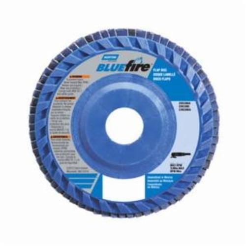 Norton® BlueFire® 66623399154 R884P Center Mount Quick-Trim Standard Density Coated Abrasive Flap Disc, 6 in Dia, 7/8 in Center Hole, P80 Grit, Coarse Grade, Zirconia Alumina Plus Abrasive, Type 27 Flat Disc