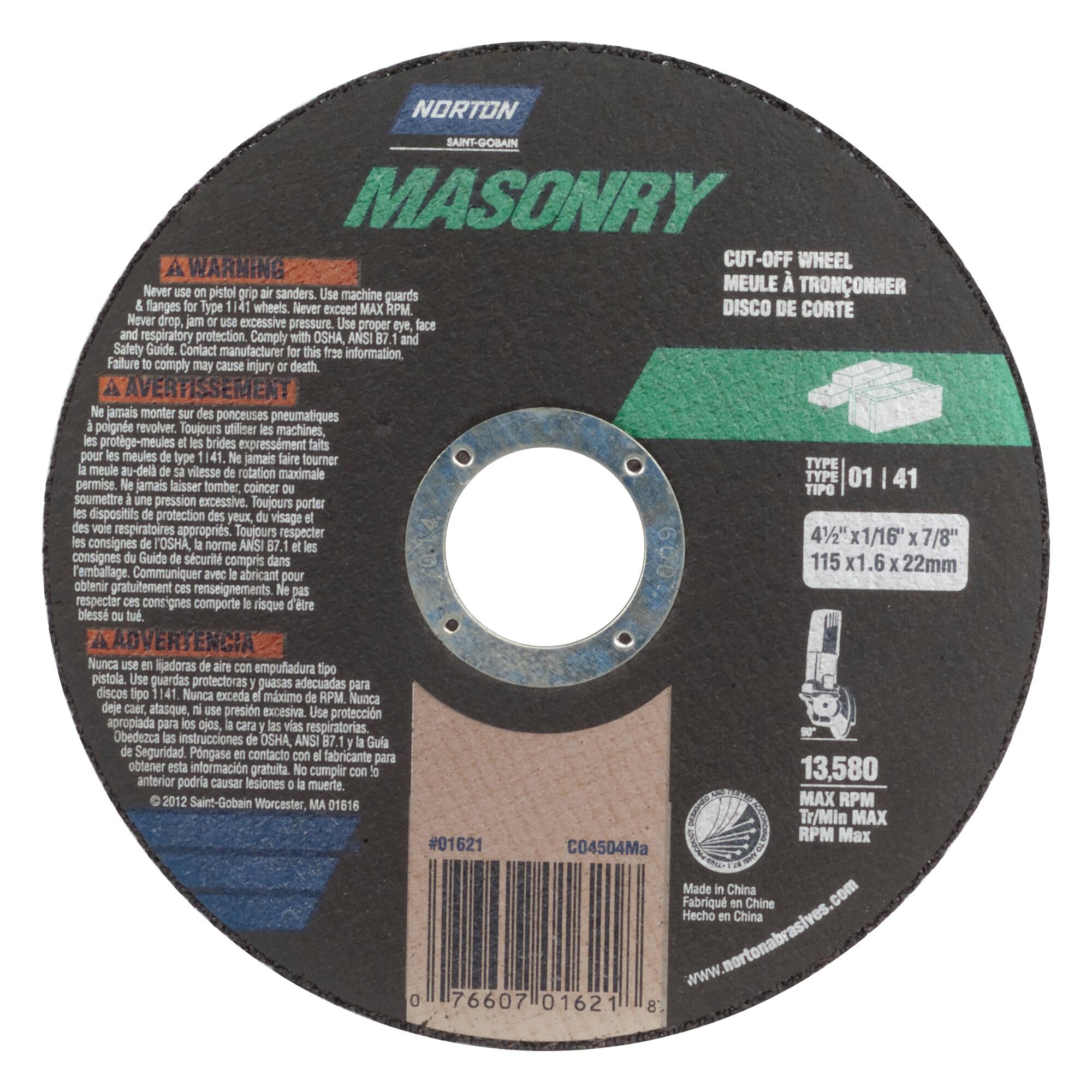 Norton® Metal® 07660789097 Type 1 Reinforced Cut-Off Wheel, 7 in Dia x 1/8 in THK, 5/8 in Center Hole, 24 Grit, Aluminum Oxide Abrasive