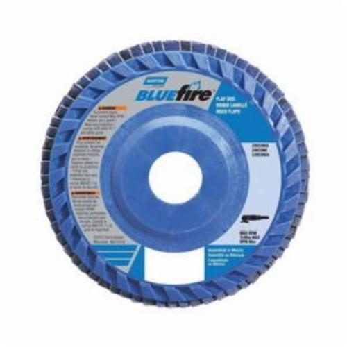 Norton® BlueFire® 77696090084 R884P Center Mount High Density Quick-Trim Coated Abrasive Flap Disc, 4-1/2 in Dia, 7/8 in Center Hole, P80 Grit, Coarse Grade, Zirconia Alumina Plus Abrasive, Type 27 Flat Disc