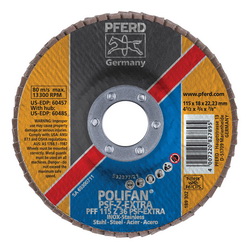PFERD Polifan® 69300713 Universal Line PSF Z-EXTRA Unthreaded Coated Abrasive Flap Disc, 4-1/2 in Dia, 7/8 in Center Hole, 60 Grit, Zirconia Alumina Abrasive, Type 27 Flat Disc
