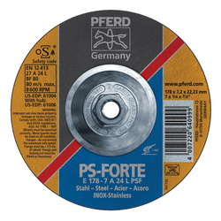 PFERD Universal Line PS-FORTE 69901178 Depressed Center Wheel, 7 in Dia x 1/4 in THK, 24 Grit, Aluminum Oxide Abrasive