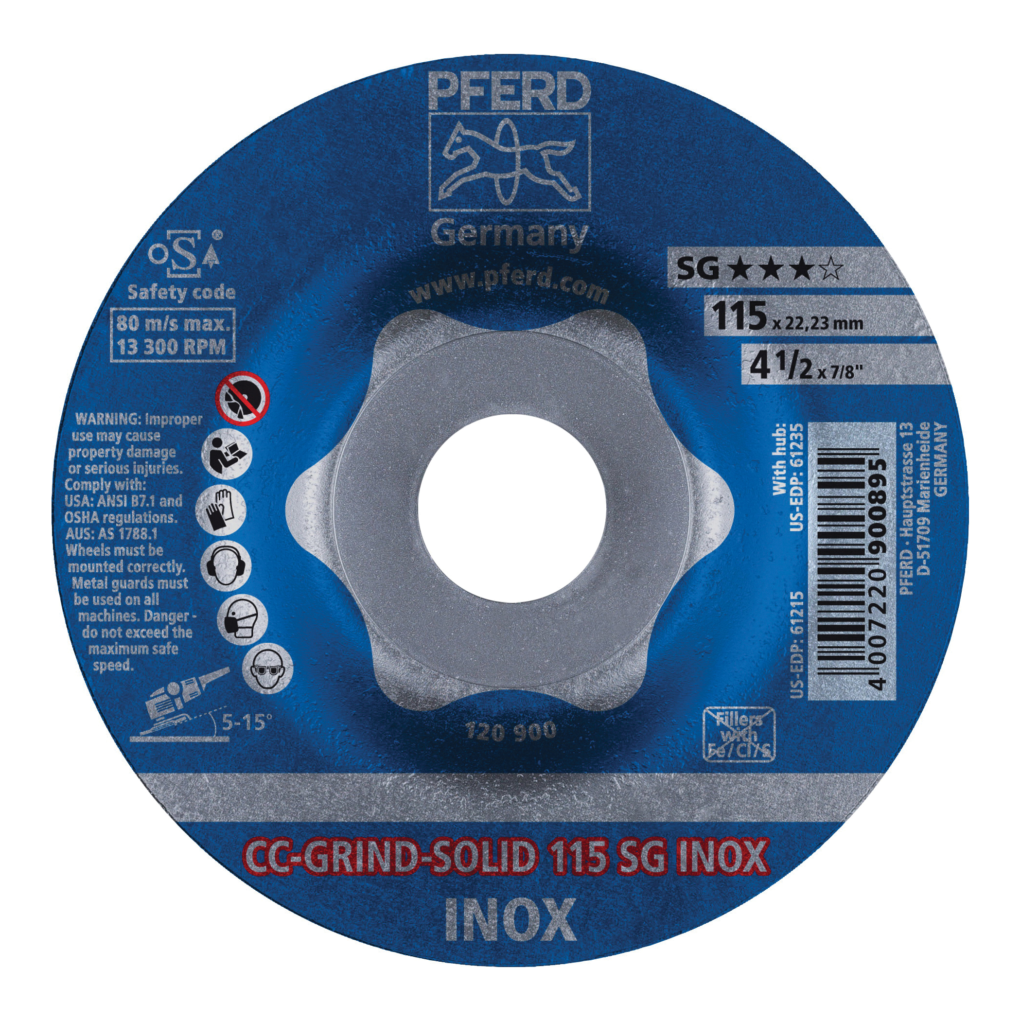 PFERD CC-GRIND®-SOLID Performance Line SG 64186115 Unthreaded Coated Abrasive Disc, 4-1/2 in Dia
