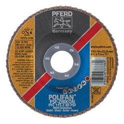 PFERD Polifan® 67766115 Universal Line PSF-Z Unthreaded Coated Abrasive Flap Disc, 4-1/2 in Dia, 7/8 in Center Hole, 60 Grit, Zirconia Alumina Abrasive, Type 29 Conical Disc